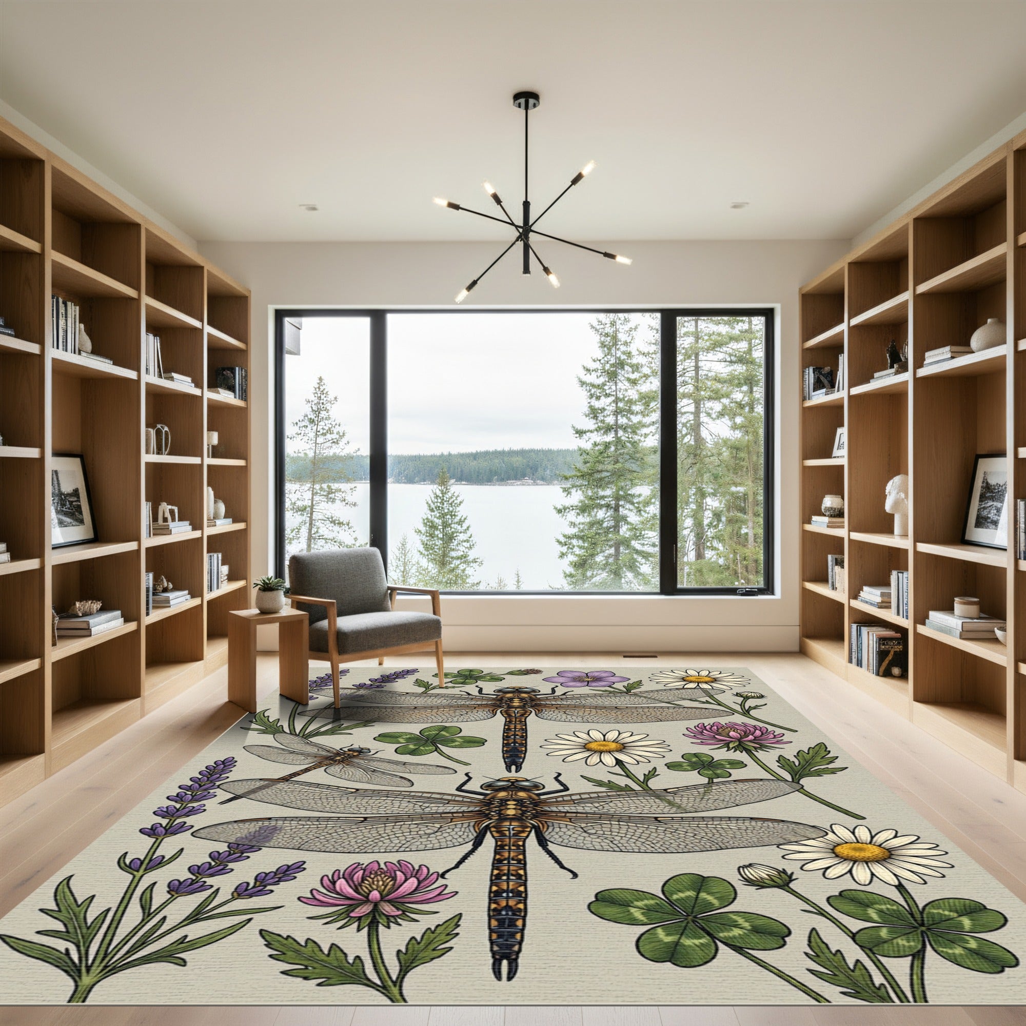 Dragonfly and Wildflower Botanical Illustration Rug