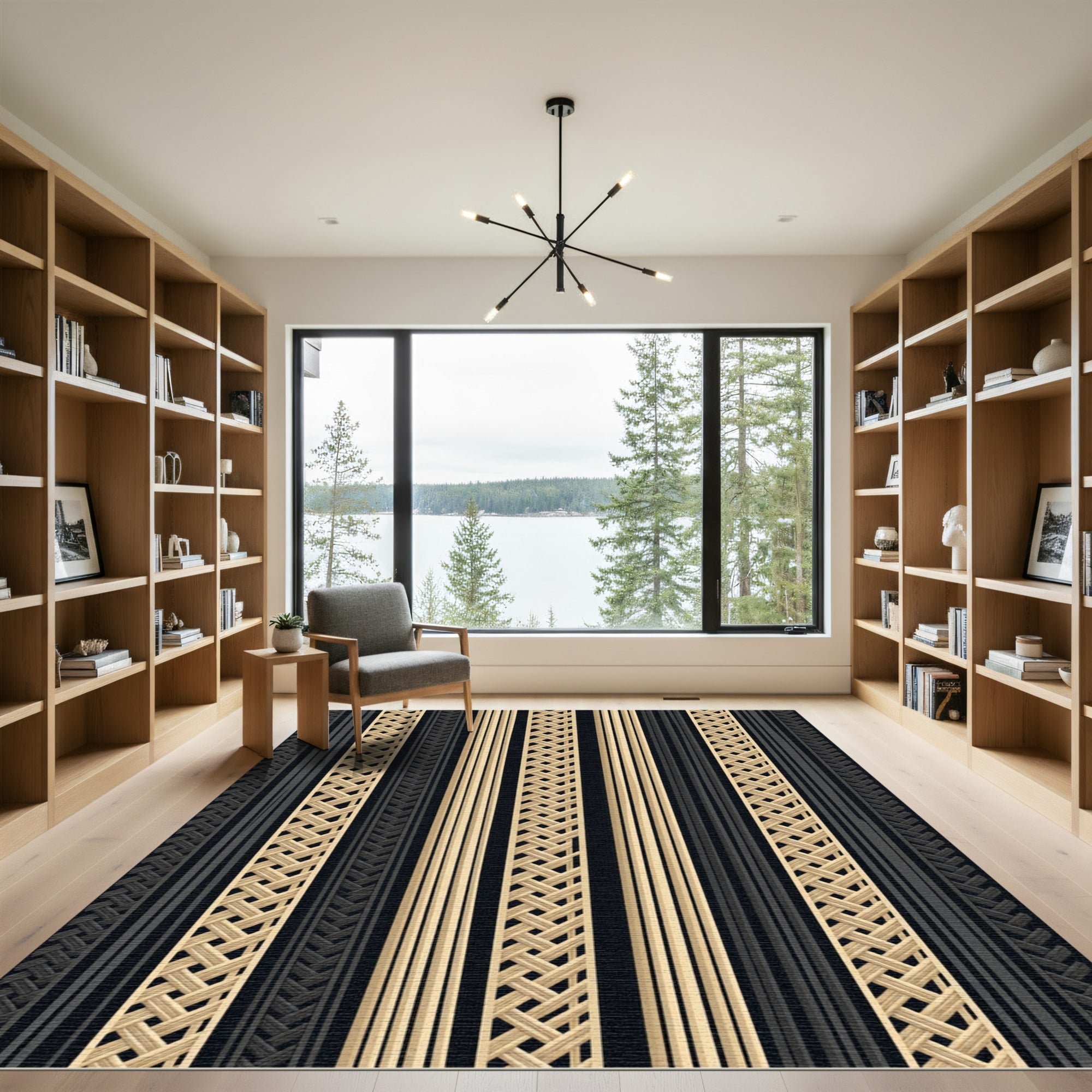 Gold and Charcoal Woven Linear Stripe Rug