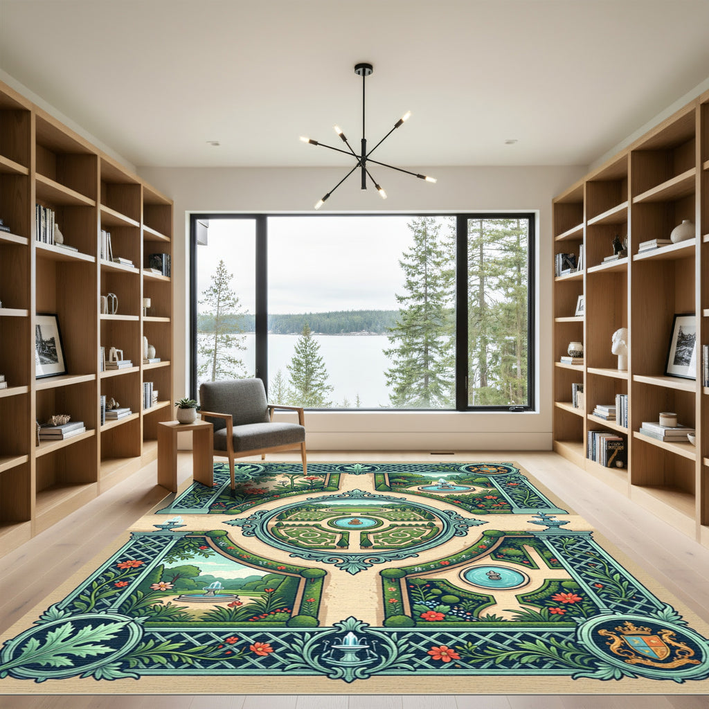 Royal Teal Verdant Botanical Fountain Garden Rug