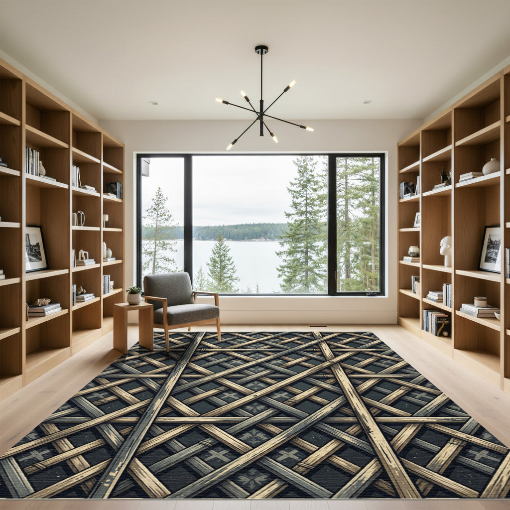 Woven Wood Lattice Over Dark Grid Rug