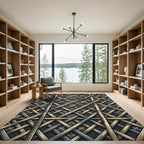 Woven Wood Lattice Over Dark Grid Rug