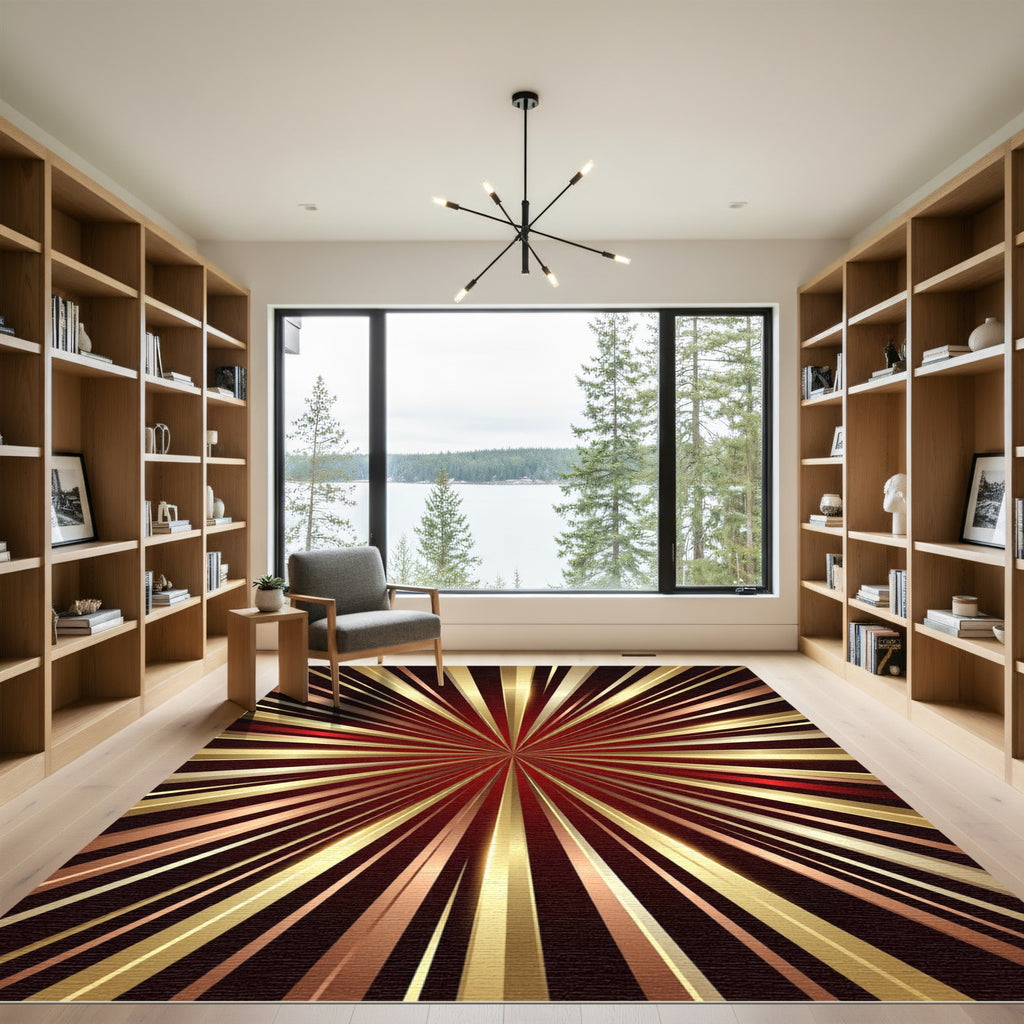 Radiant Crimson Gold Burst Rug