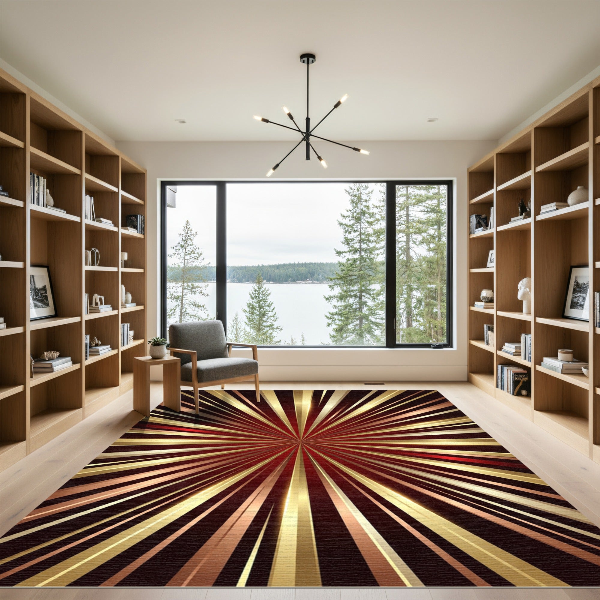 Radiant Crimson Gold Burst Rug