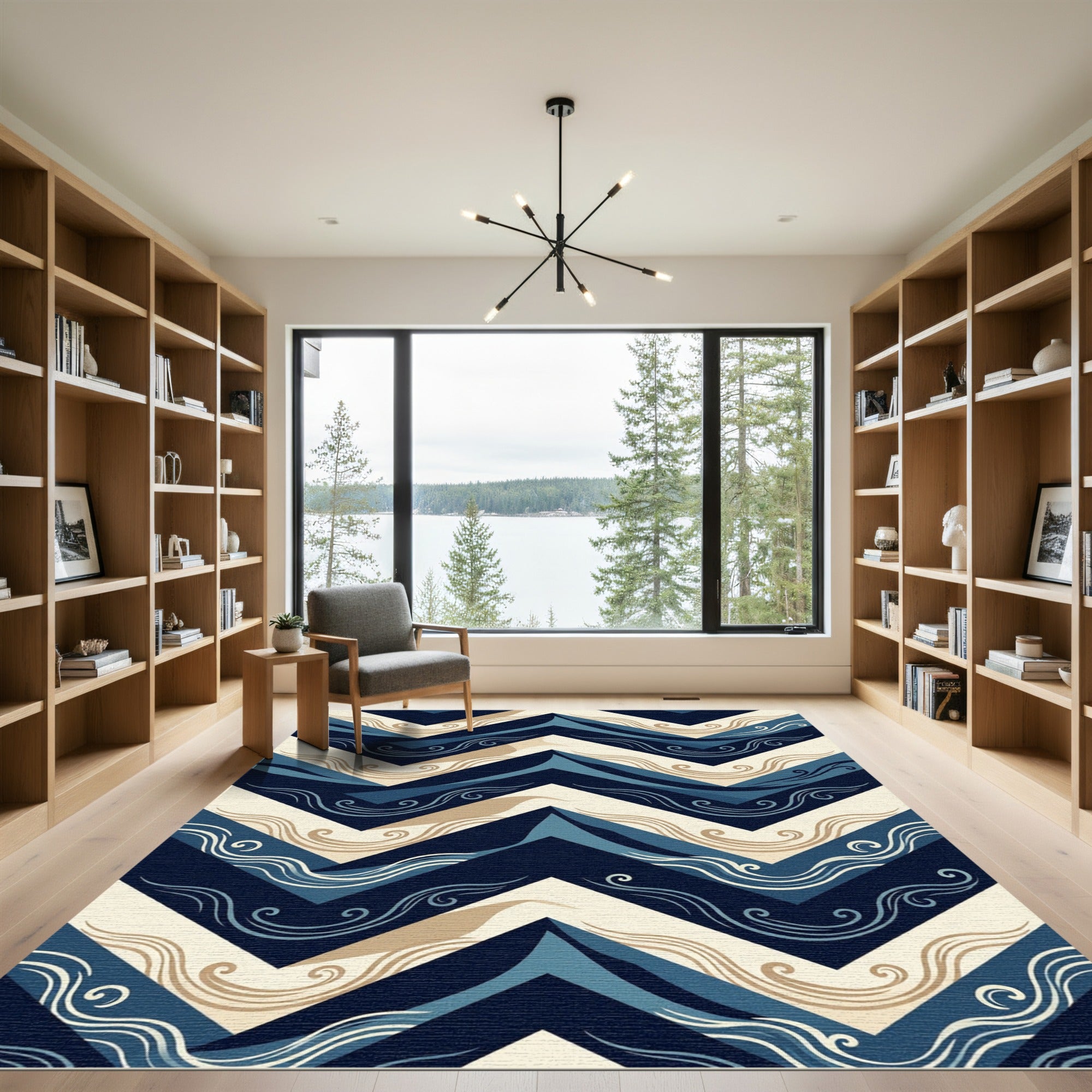 Navy Blue Chevron Swirl Wave Zigzag Rug
