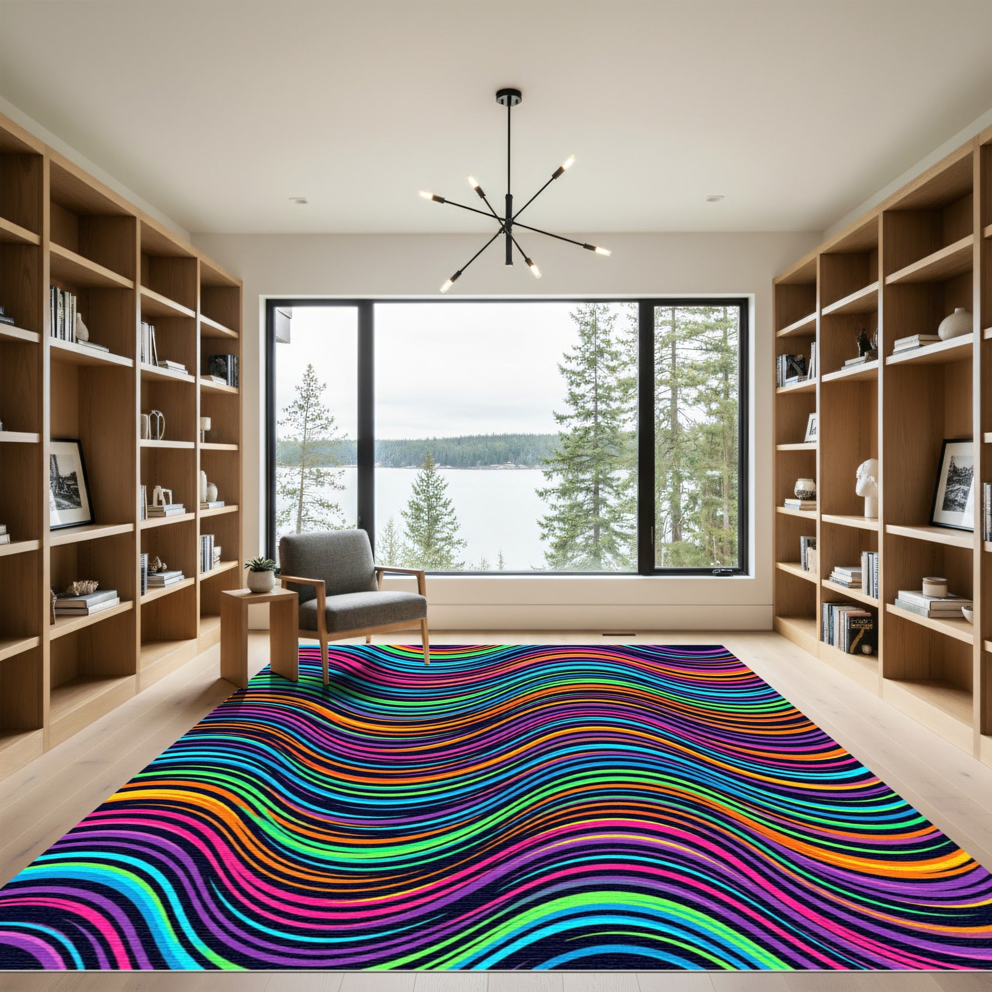 Vibrant Multi-Colored Wavy Rainbow Lines Rug
