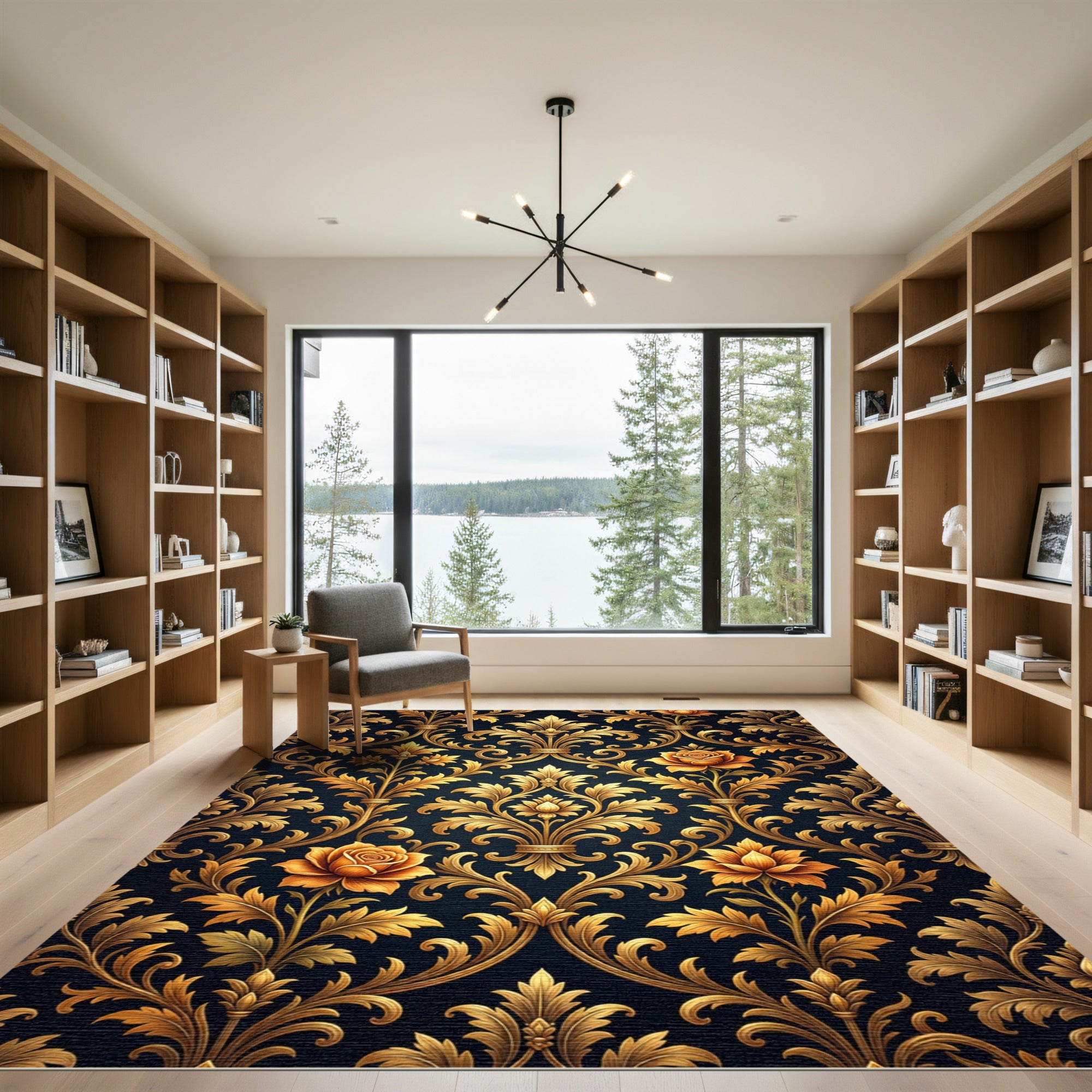 Elegant Antique Gold Floral Damask Rug