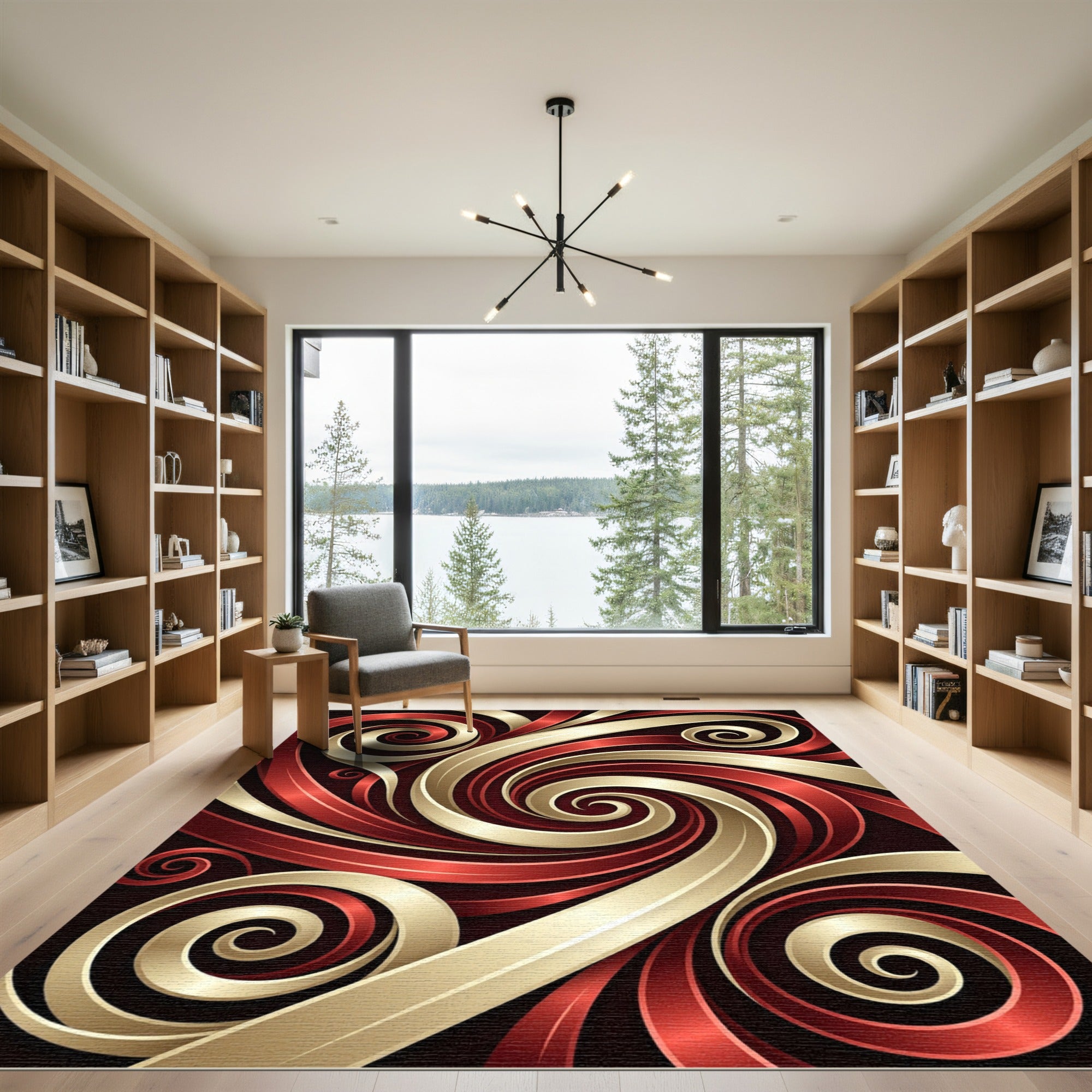 Crimson Gold Swirl Ribbon Abstract Rug