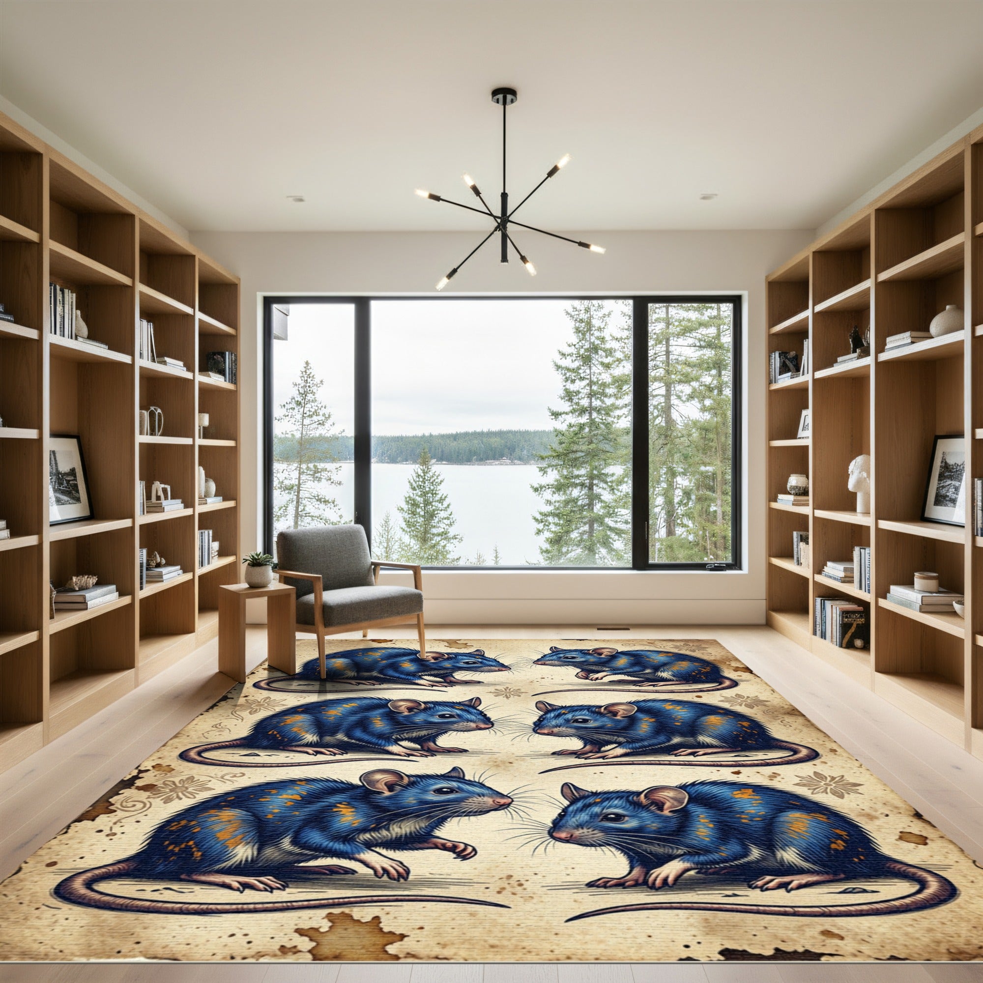 Vintage Botanical Blue Rat Illustration Rug