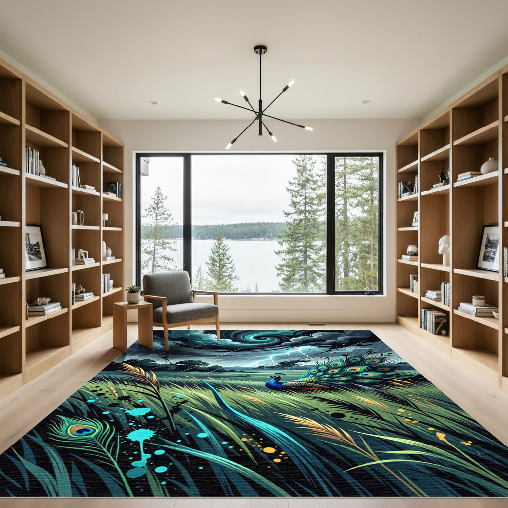 Stormy Peacock Plume Electric Lightning Rug