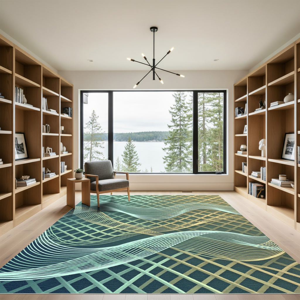Abstract Golden Teal Wave Grid Rug