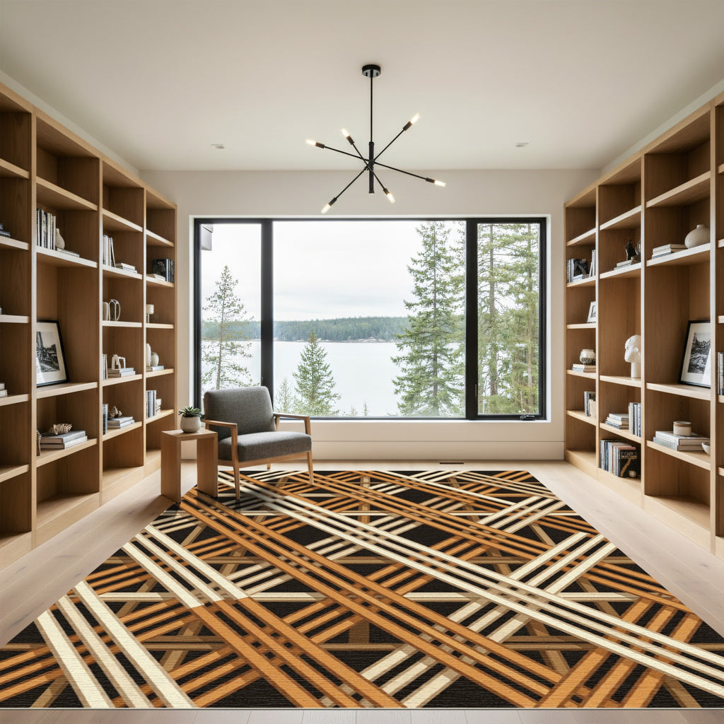 Interlocking Golden Ochre Geometric Lattice Rug