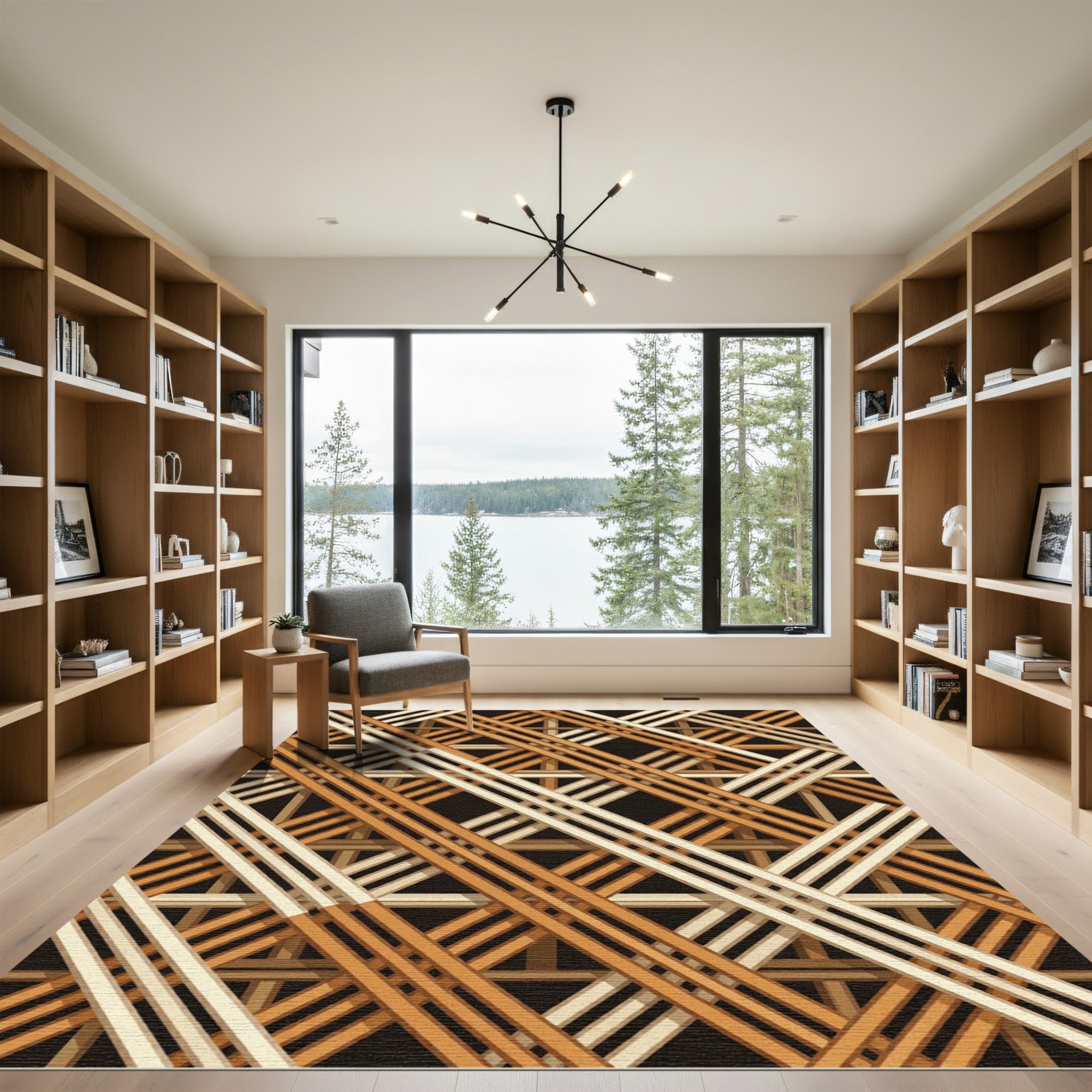 Interlocking Golden Ochre Geometric Lattice Rug