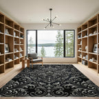 Ornate Silver Scrollwork Damask Rug