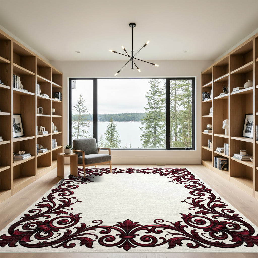 Deep Red Royal Scrollwork Frame Rug