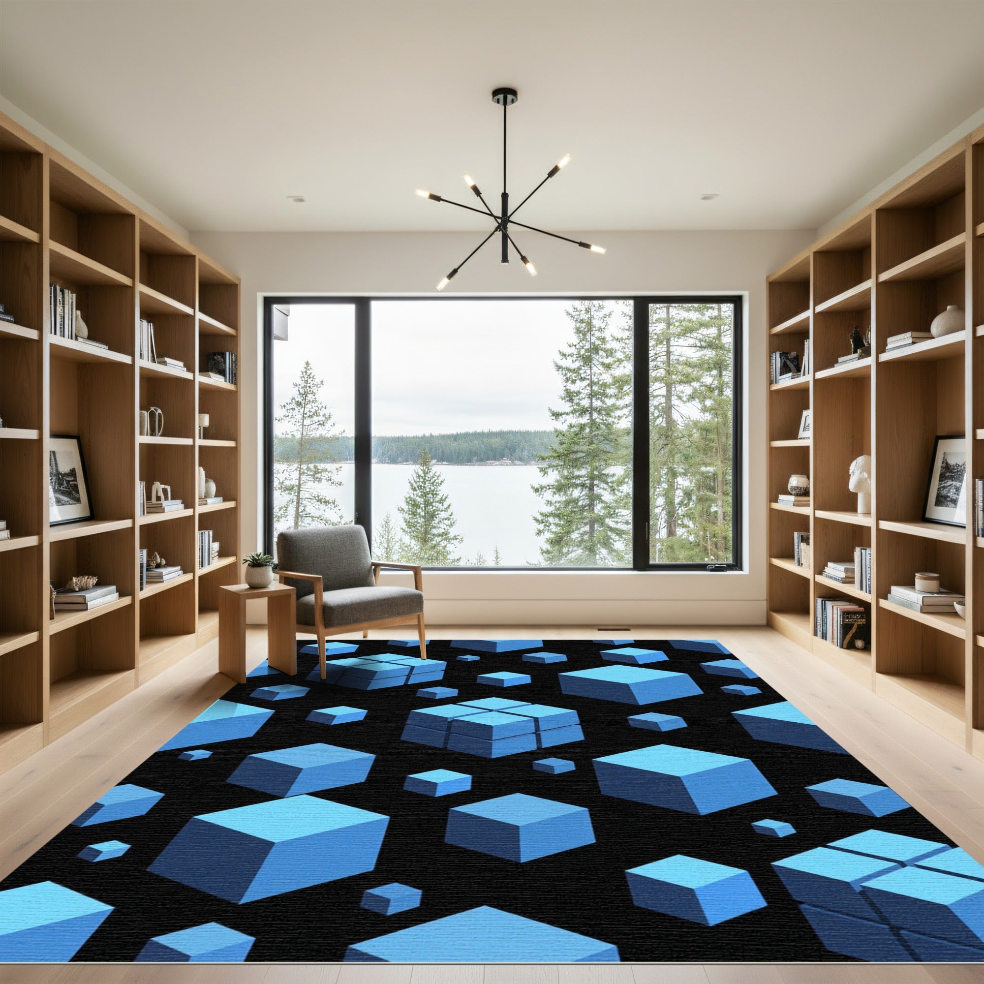 Modern Blue Geometric Floating Cubes Rug
