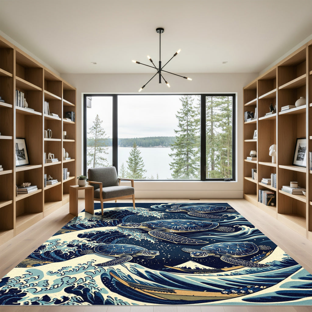 Japanese Sea Turtle Wave Scene Rug
