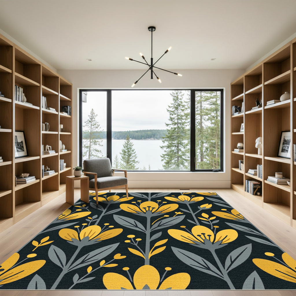 Mid Century Golden Floral Botanical Rug