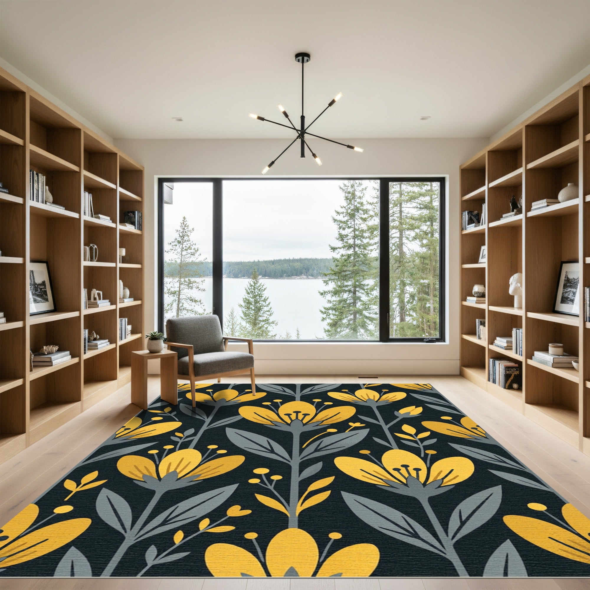 Mid Century Golden Floral Botanical Rug