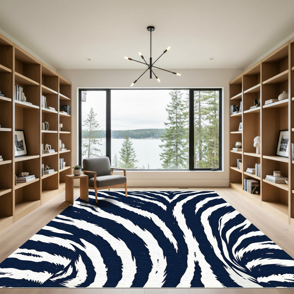 Deep Blue White Zebra Stripe Rug