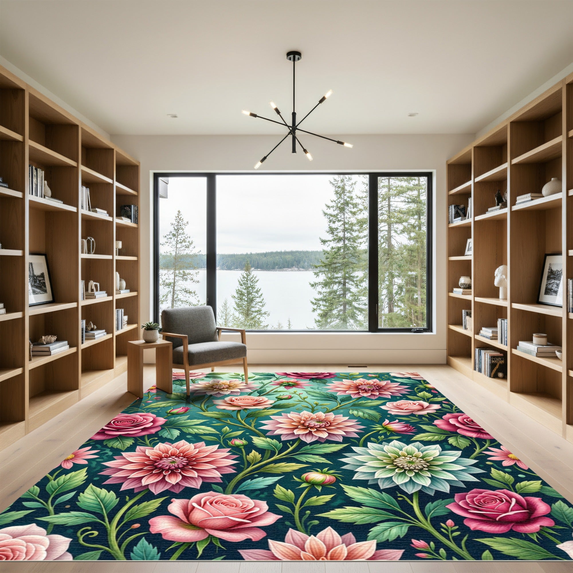 Blooming Rose and Dahlia Floral Meadow Rug