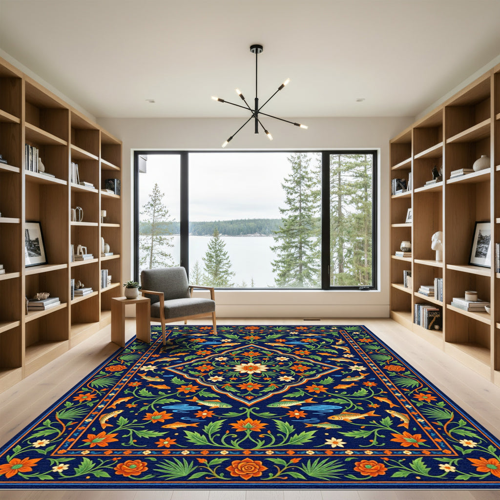 Vibrant Navy Floral Koi Medallion Rug