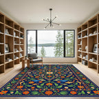 Vibrant Navy Floral Koi Medallion Rug
