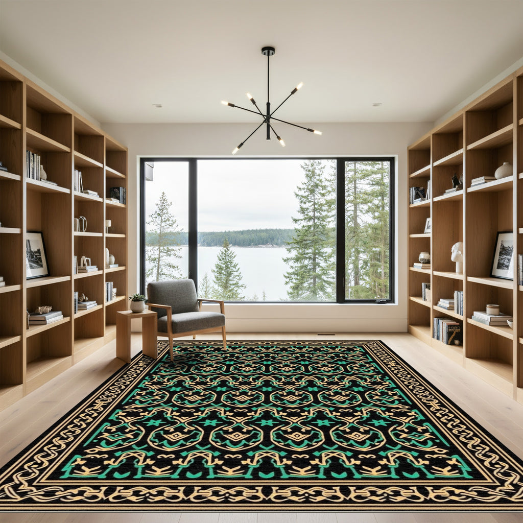 Intricate Green Beige Arabesque Medallions Rug