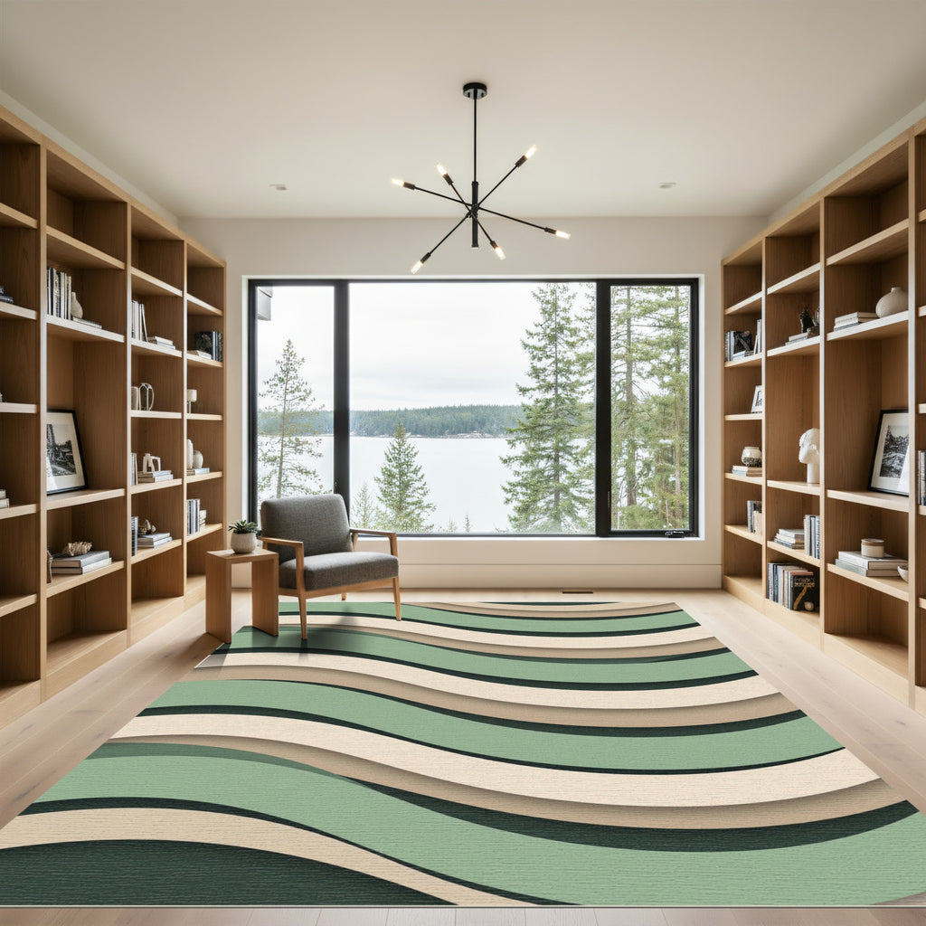 Sage Green Cream Layered Wavy Abstract Rug