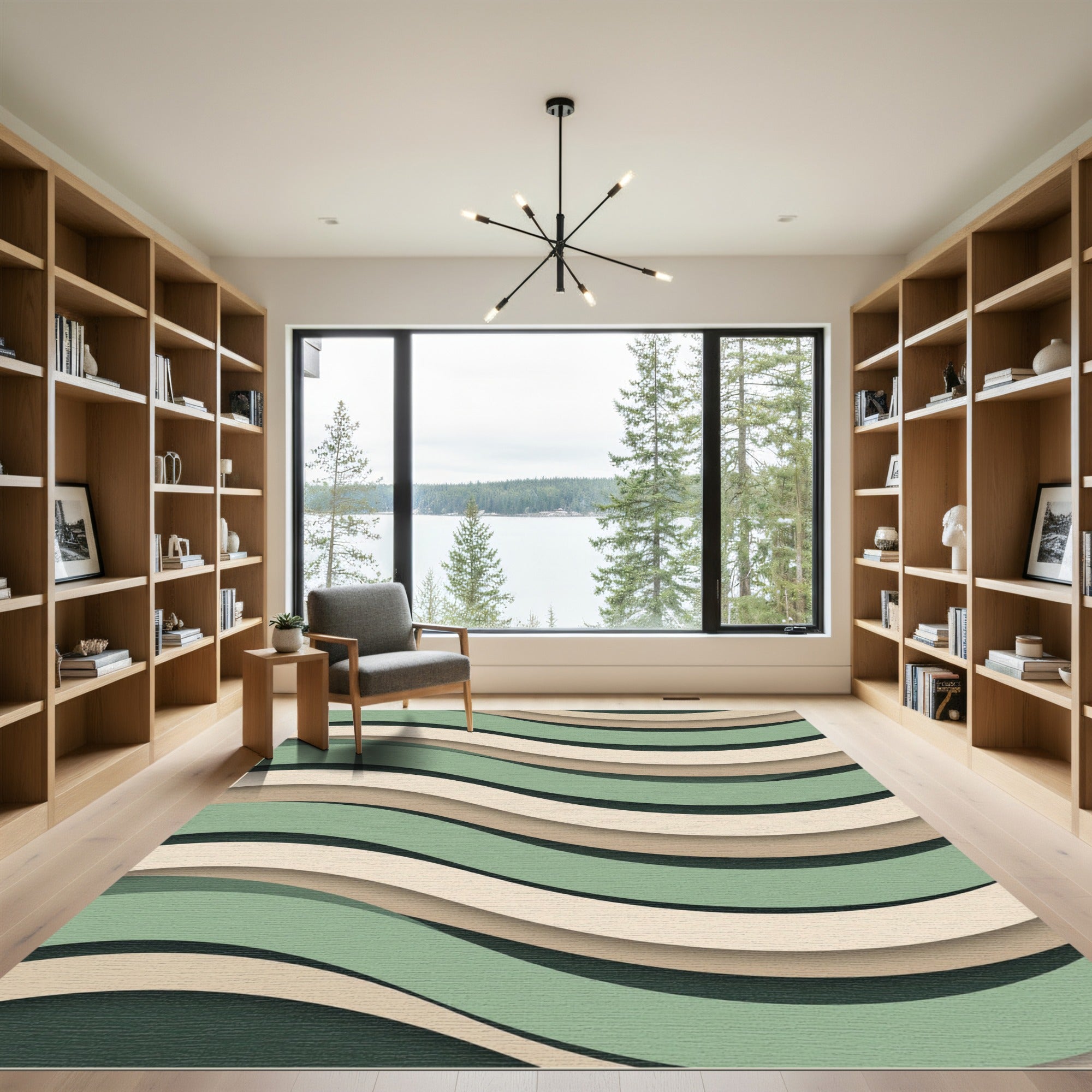 Sage Green Cream Layered Wavy Abstract Rug