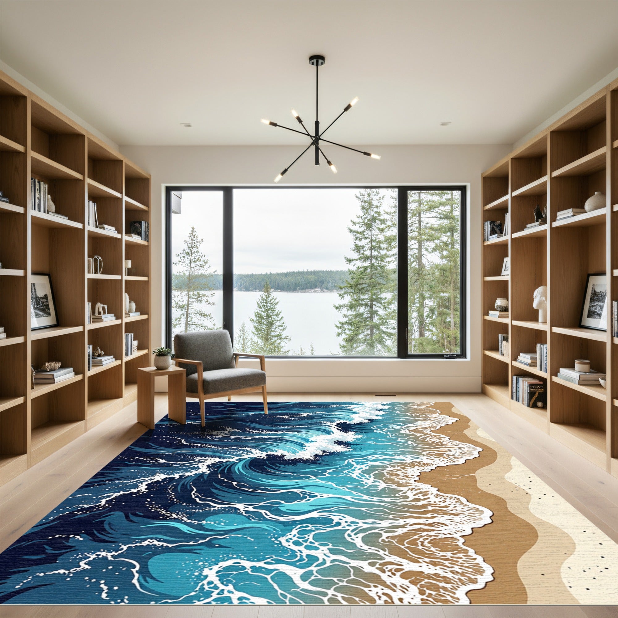 Coastal Azure Wave Abstract Oceanic Art Rug