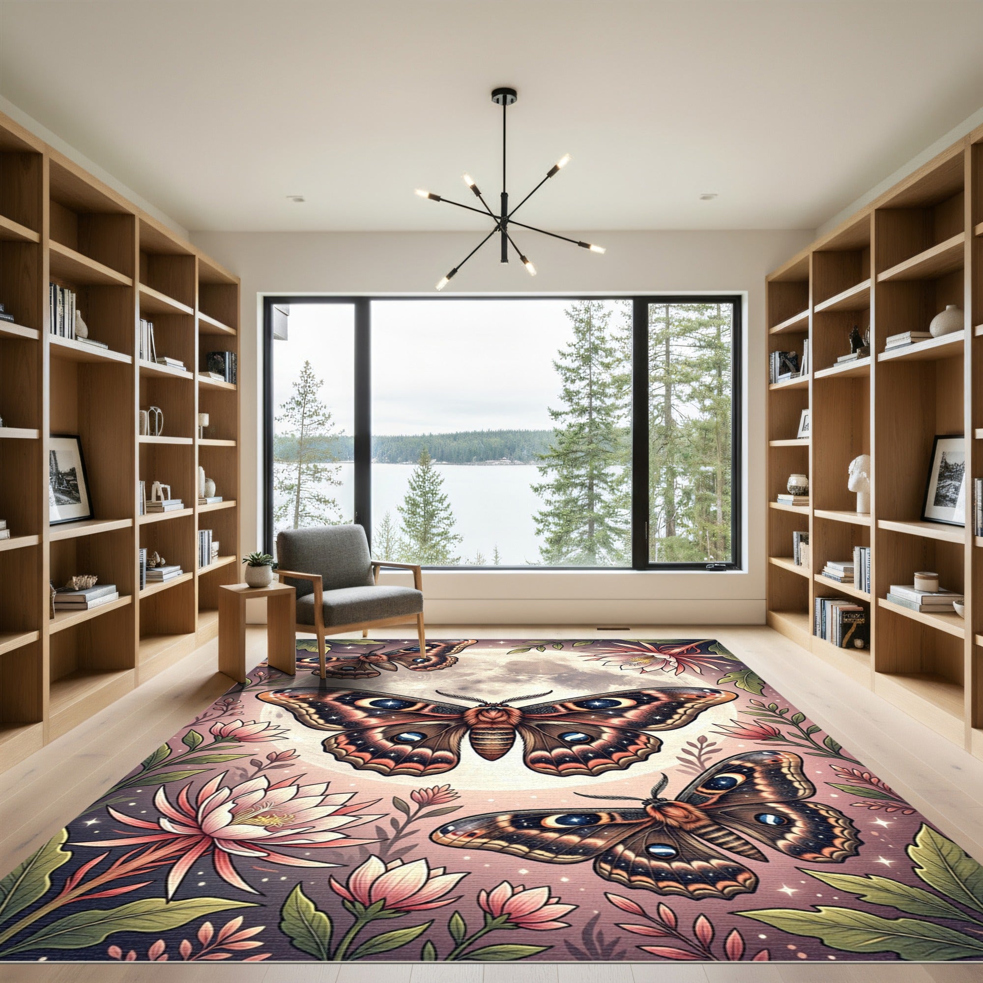 Celestial Moth and Moonlit Floral Garden Rug
