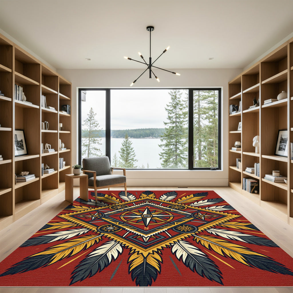 Crimson Feathered Compass Medallion Rug