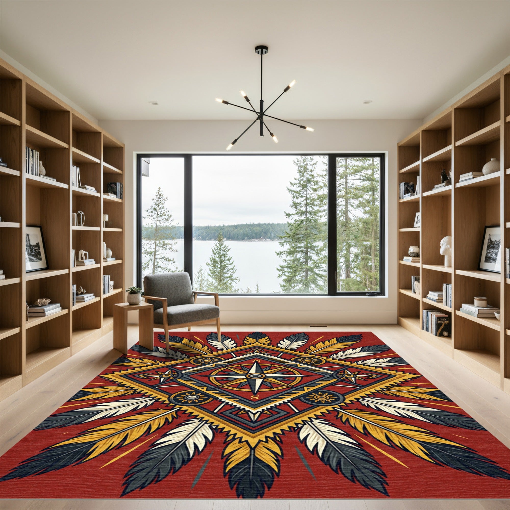 Crimson Feathered Compass Medallion Rug