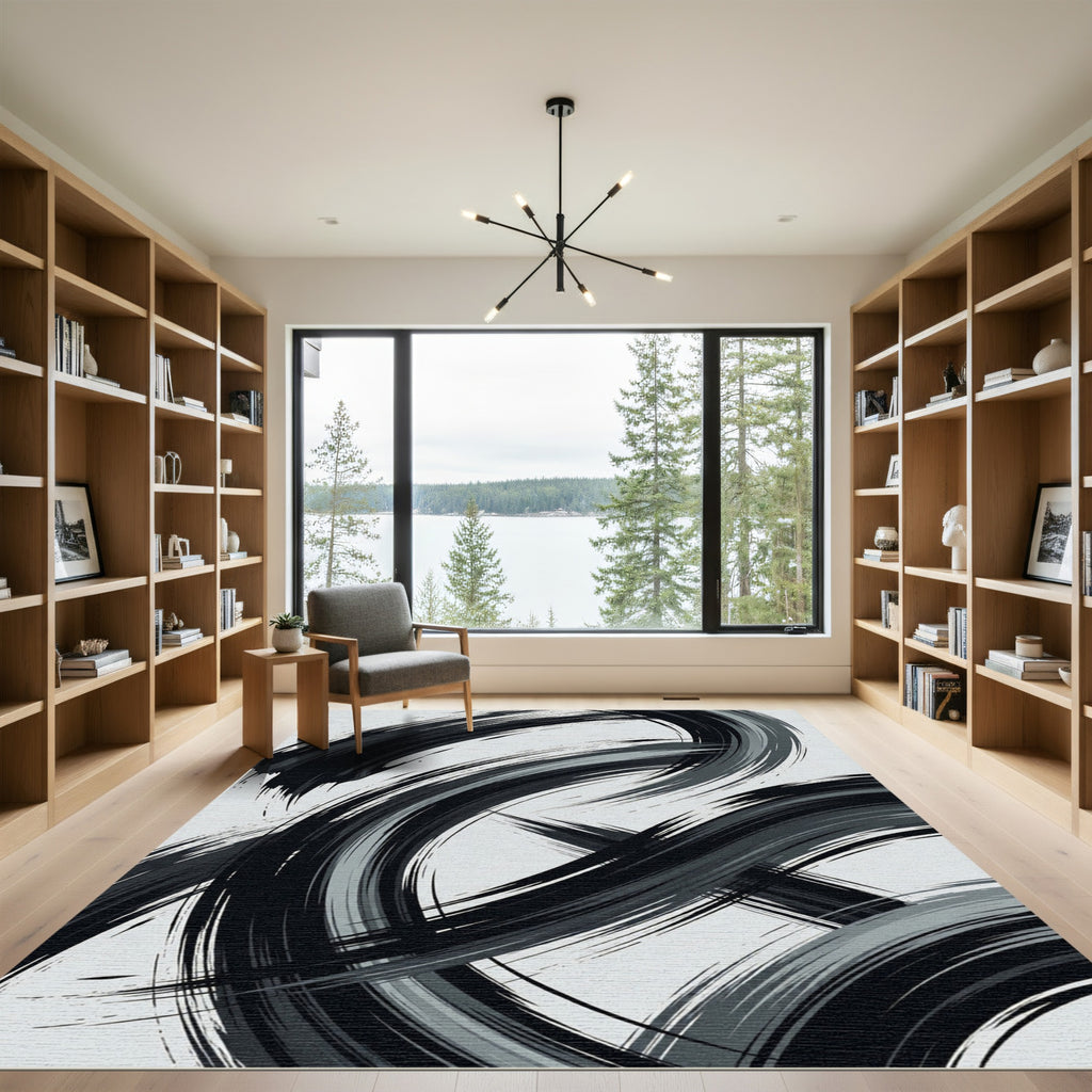 Monochromatic Abstract Swirl Brushstroke Rug