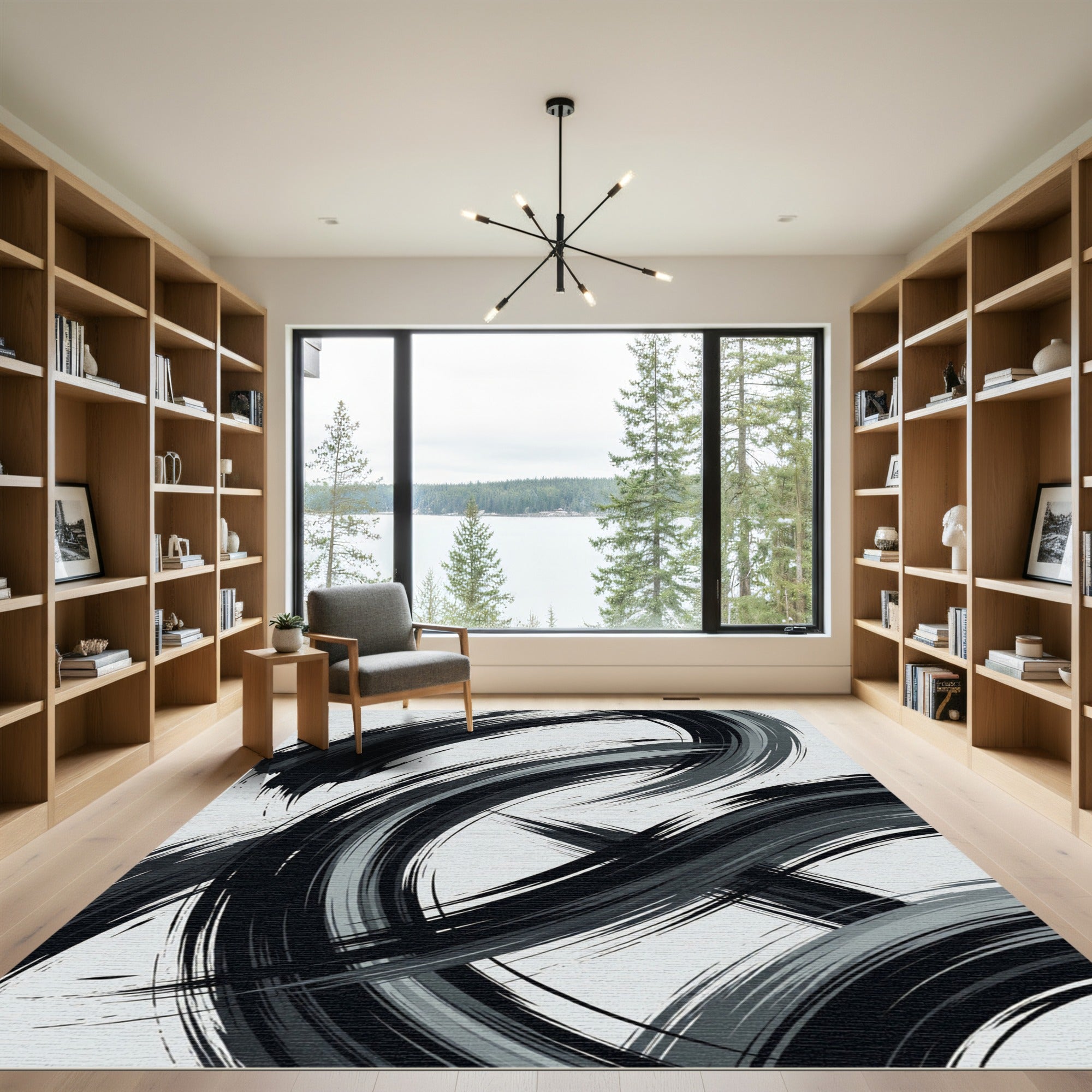 Monochromatic Abstract Swirl Brushstroke Rug