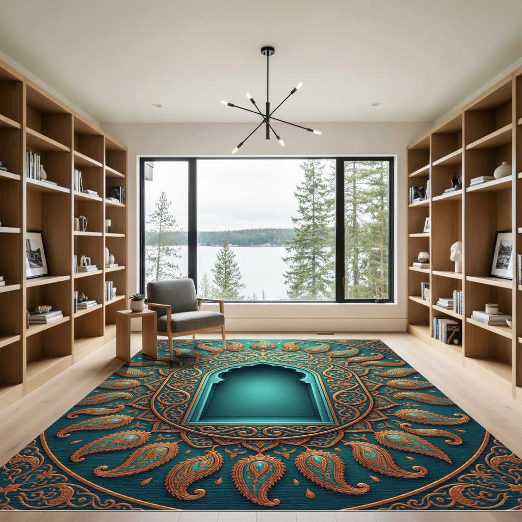 Teal Golden Paisley Arched Frame Rug