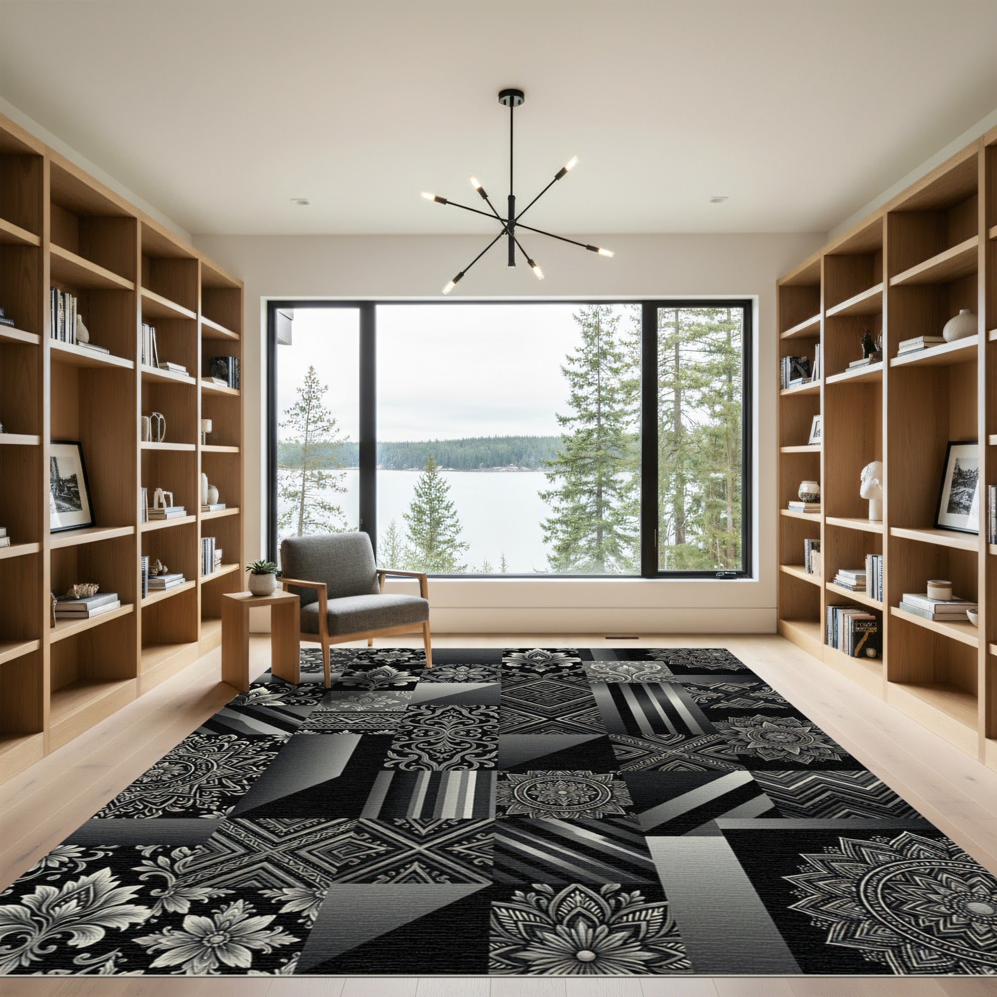 Monochromatic Patchwork Mandala Damask Rug