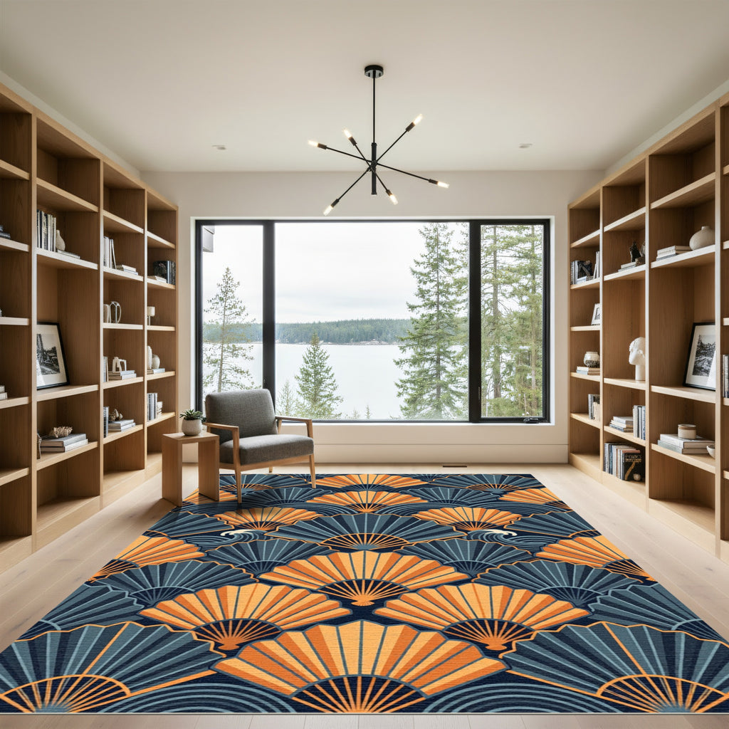 Golden Fan Waves in Navy Blue Rug