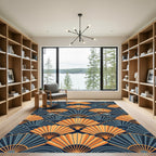 Golden Fan Waves in Navy Blue Rug