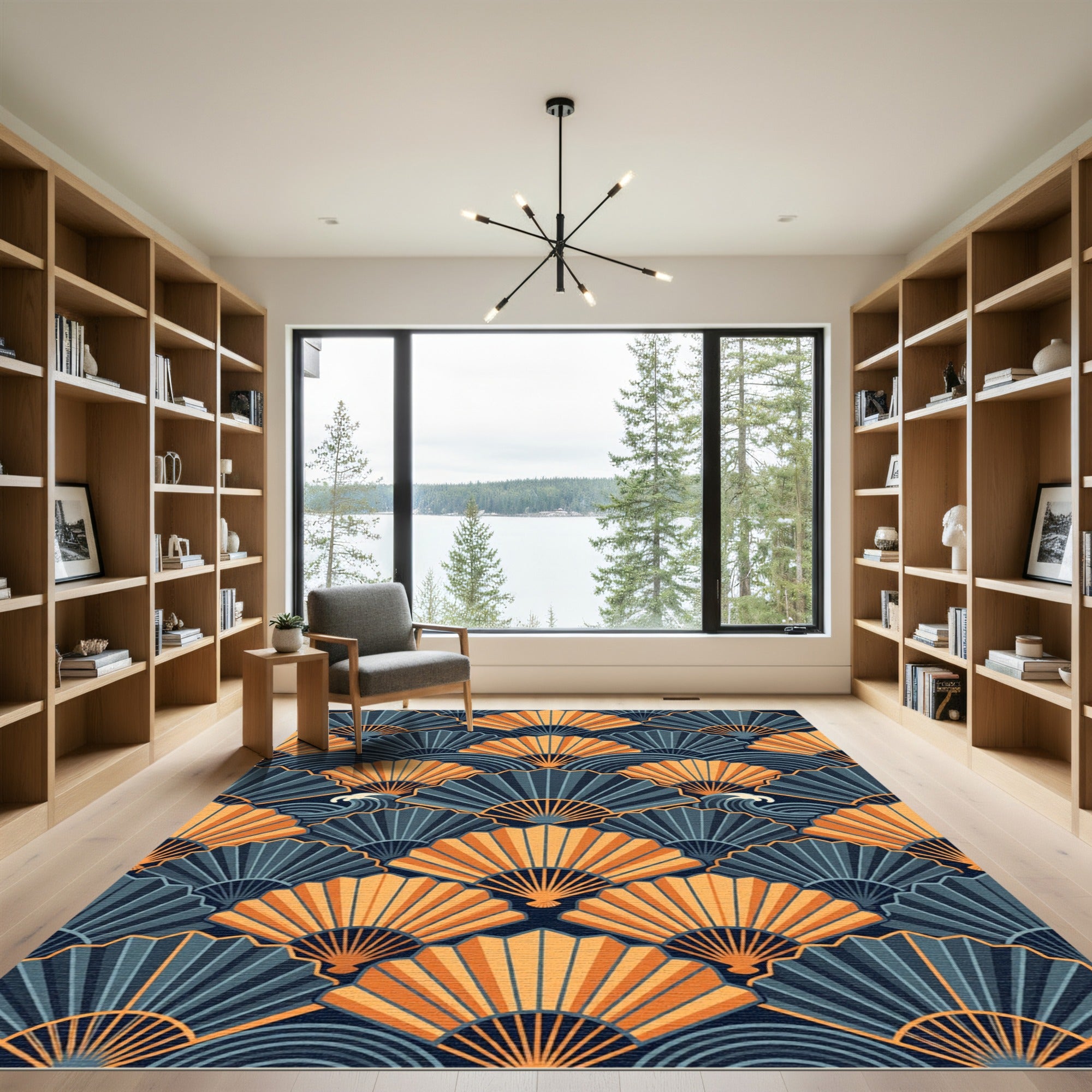 Golden Fan Waves in Navy Blue Rug