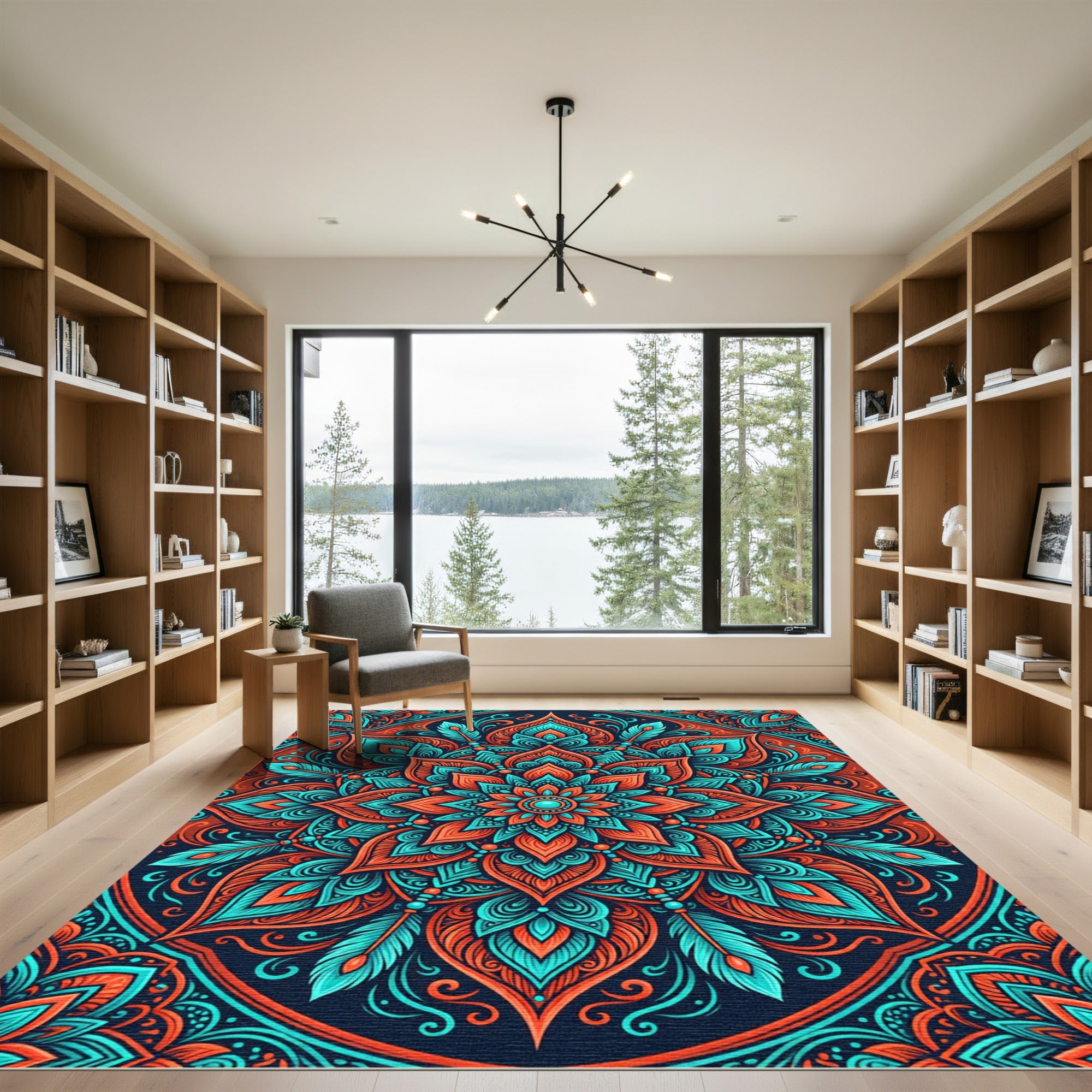 Vibrant Coral Teal Intricate Mandala Rug