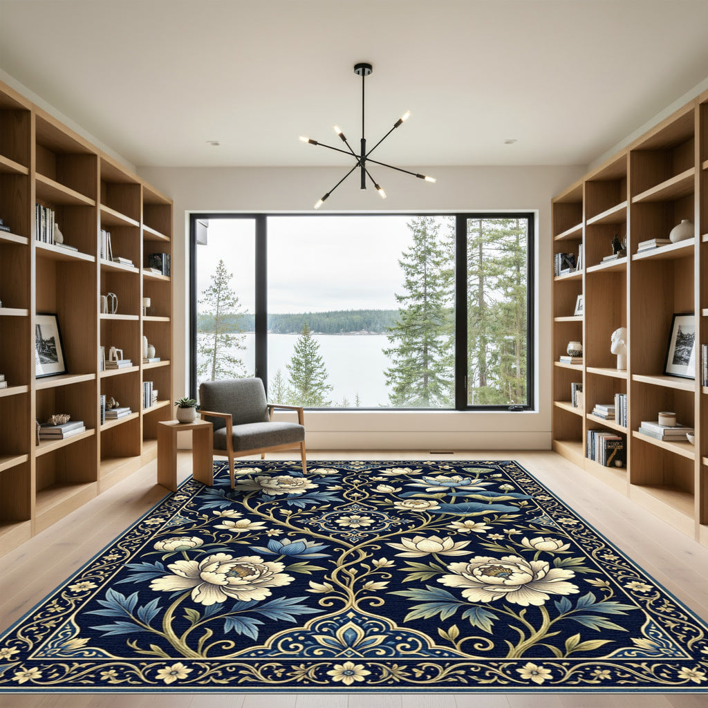 Navy Blue Peony and Lotus Garden Rug