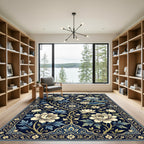 Navy Blue Peony and Lotus Garden Rug