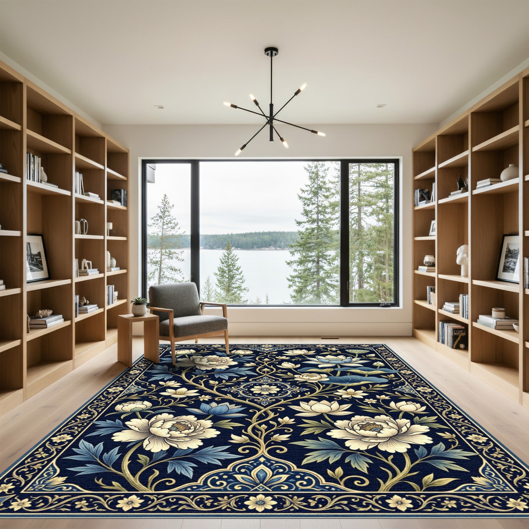 Navy Blue Peony and Lotus Garden Rug