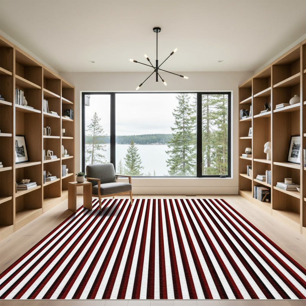 Bold Crimson White Vertical Stripes Rug