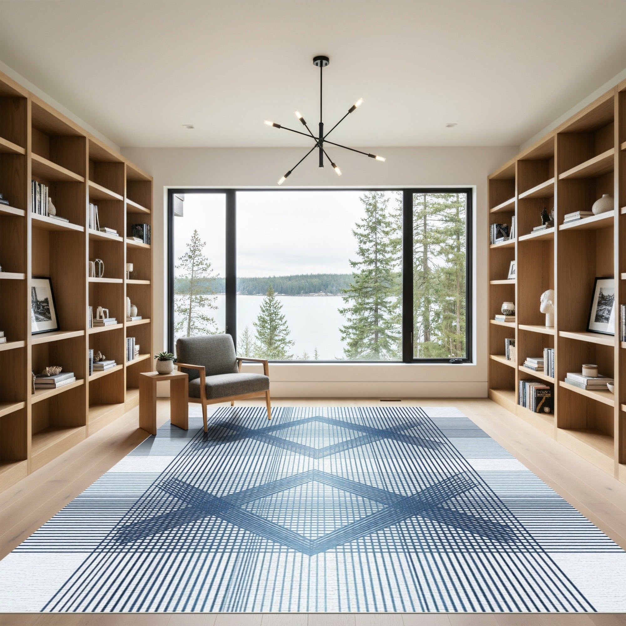 Modern Navy Blue Linear Geometric Diamond Rug