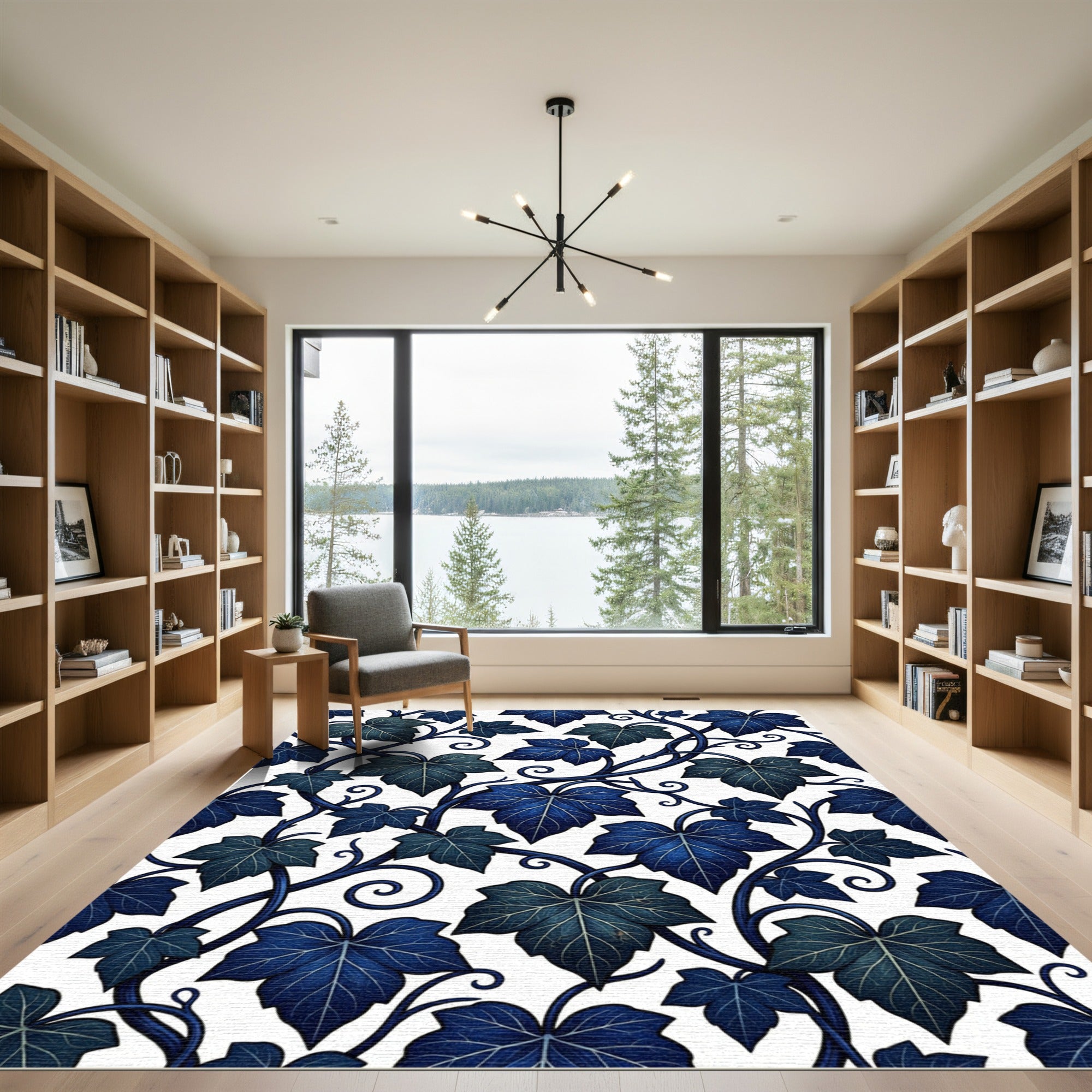 Deep Blue Ivy Vines Scroll Rug
