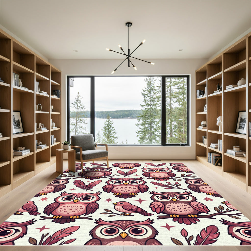 Whimsical Pink Owl Feather Forest Rug