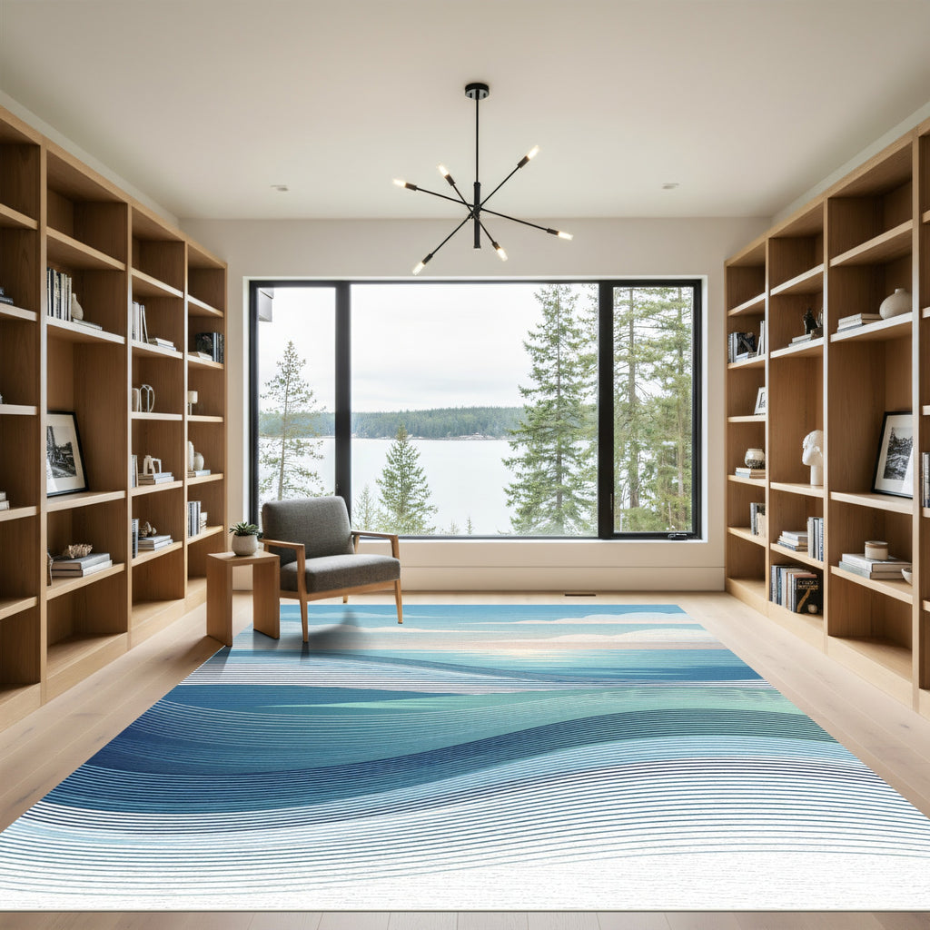 Oceanic Blue Wave Abstract Stripes Rug