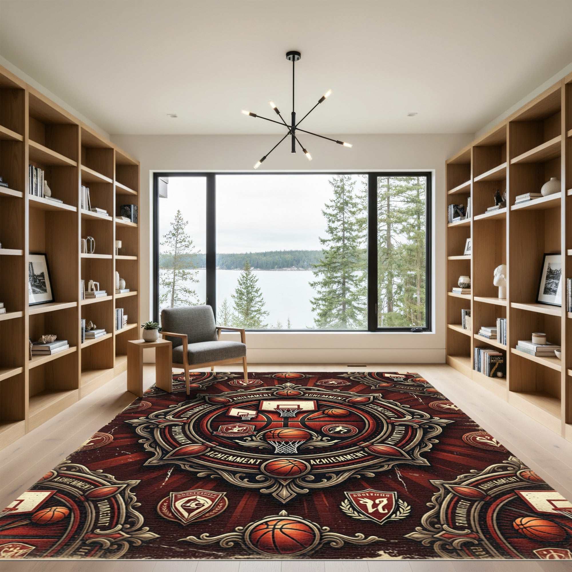 Ornate Basketball Medallion Crimson Emblem Rug